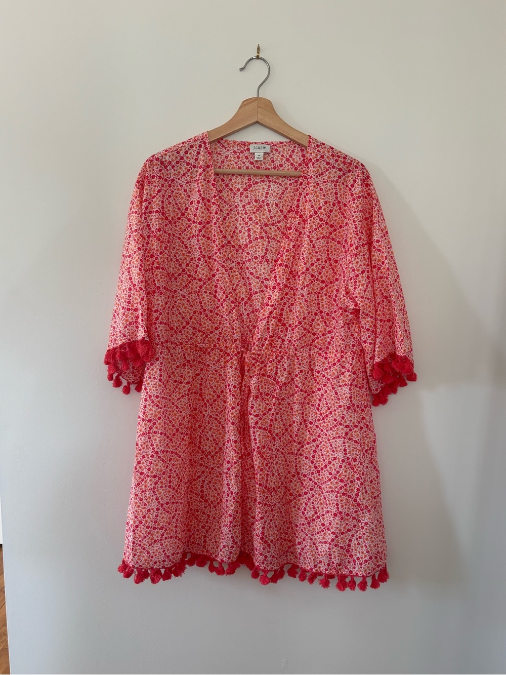 J. Crew Pink and Red Floral Cover Up with Tassel Trim